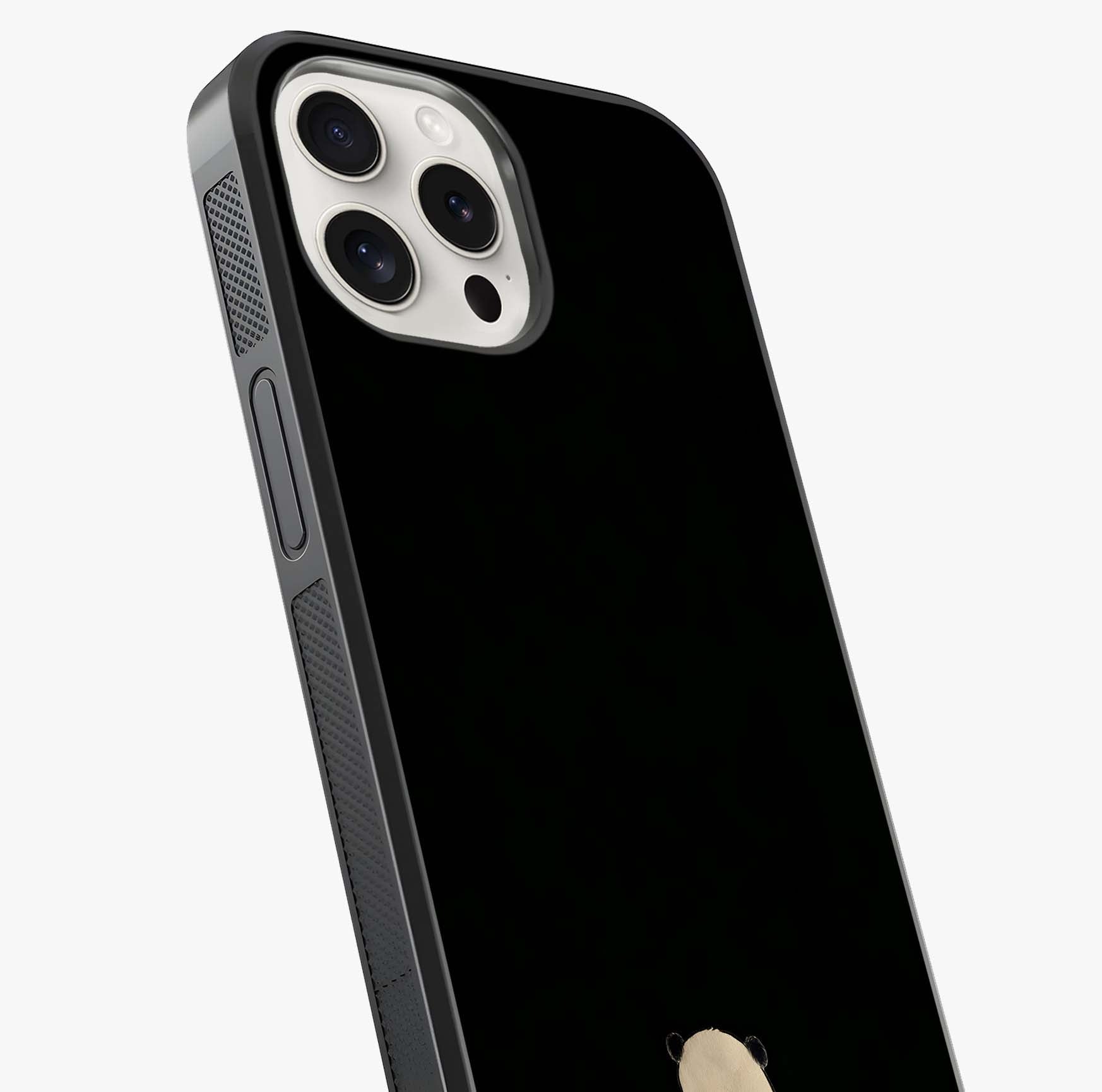 Midnight Panda Love Glass Case captured at a warm angle highlighting gloss, texture and premium glass finish.