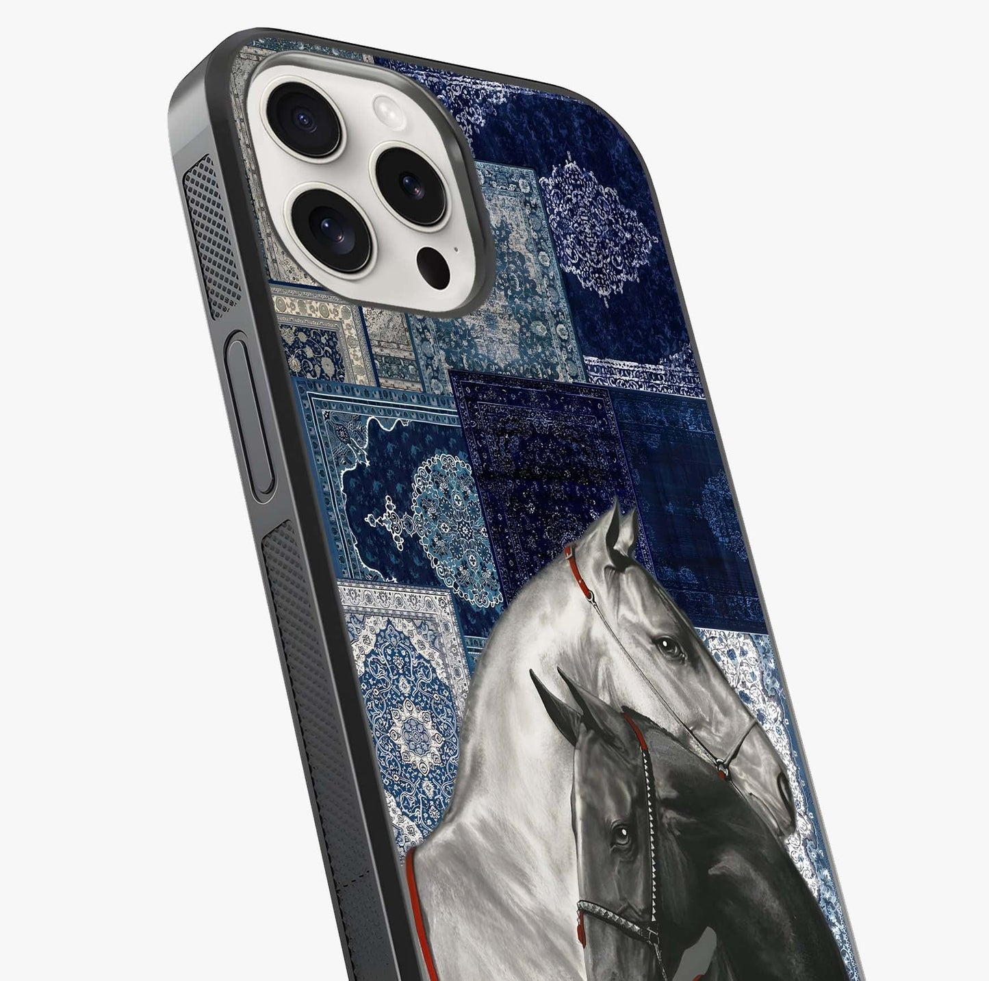 Midnight Stallion Blues Glass Case captured at a warm angle highlighting gloss, texture and premium glass finish.
