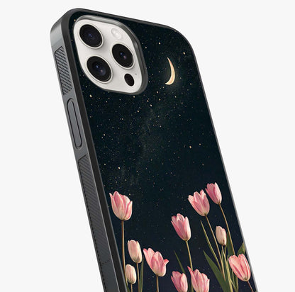 Midnight Tulip Whispers Vibe Glass Case captured at a warm angle highlighting gloss, texture and premium glass finish.