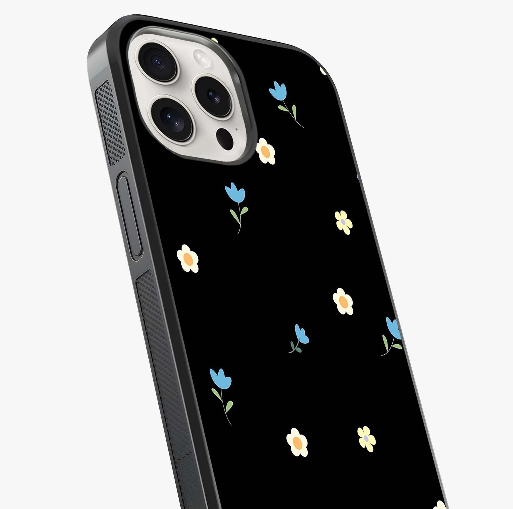 Minimalistic Blue With White Flower Pattern Glass Case captured at a warm angle highlighting gloss, texture and premium glass finish.