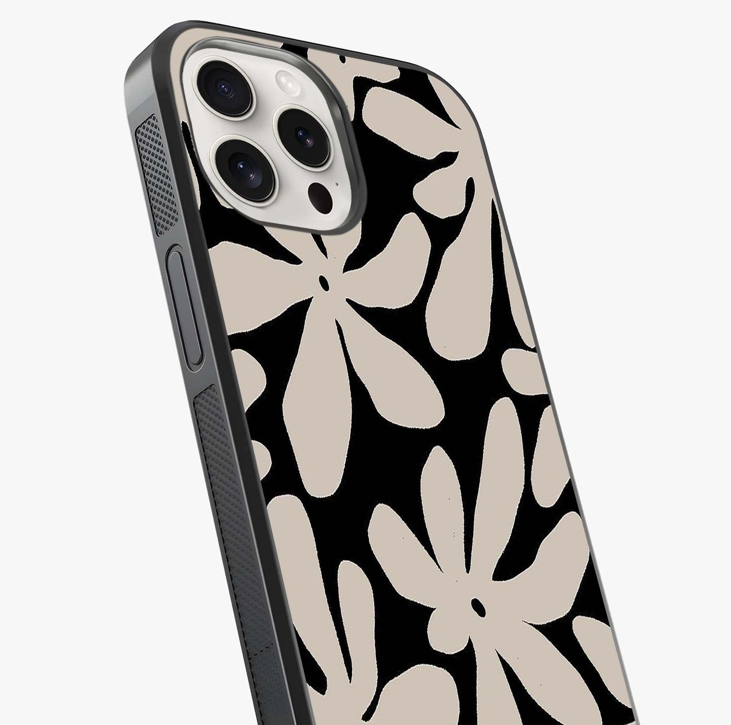 Monochrome Petal Dance Glass Case captured at a warm angle highlighting gloss, texture and premium glass finish.
