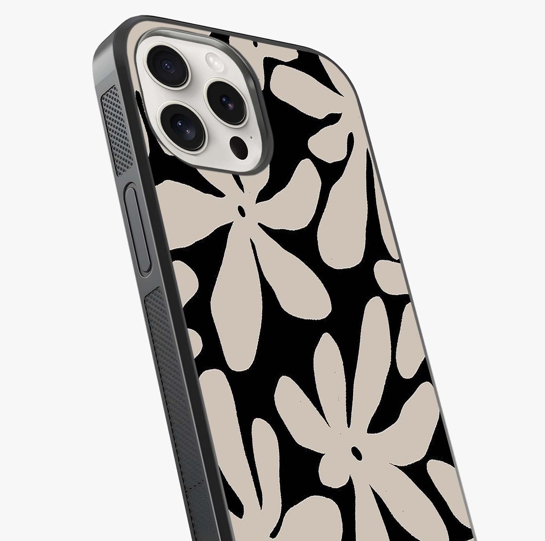 Monochrome Petal Dance Glass Case captured at a warm angle highlighting gloss, texture and premium glass finish.