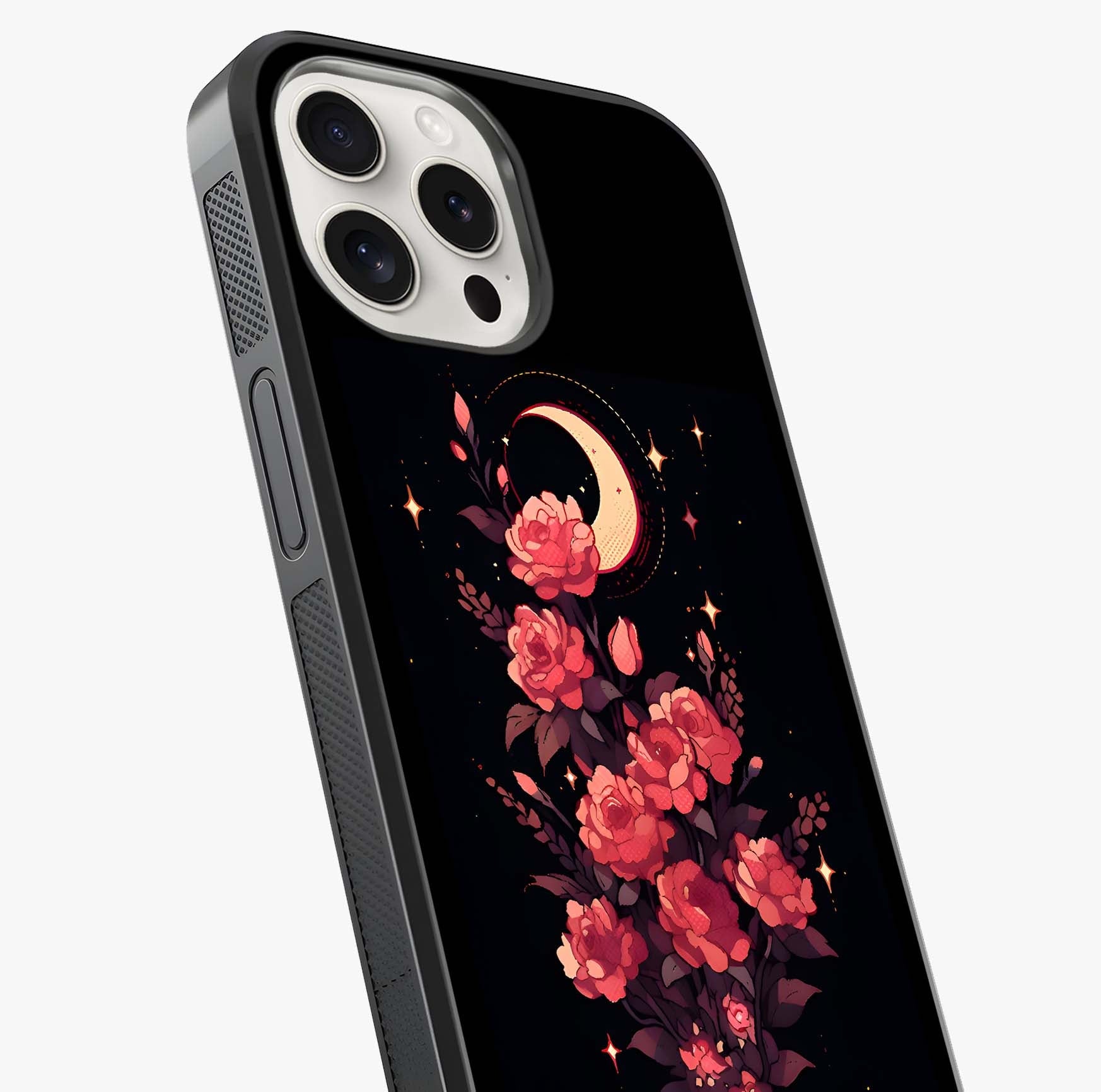 Moonlit Floral Elegance Glass Case captured at a warm angle highlighting gloss, texture and premium glass finish.