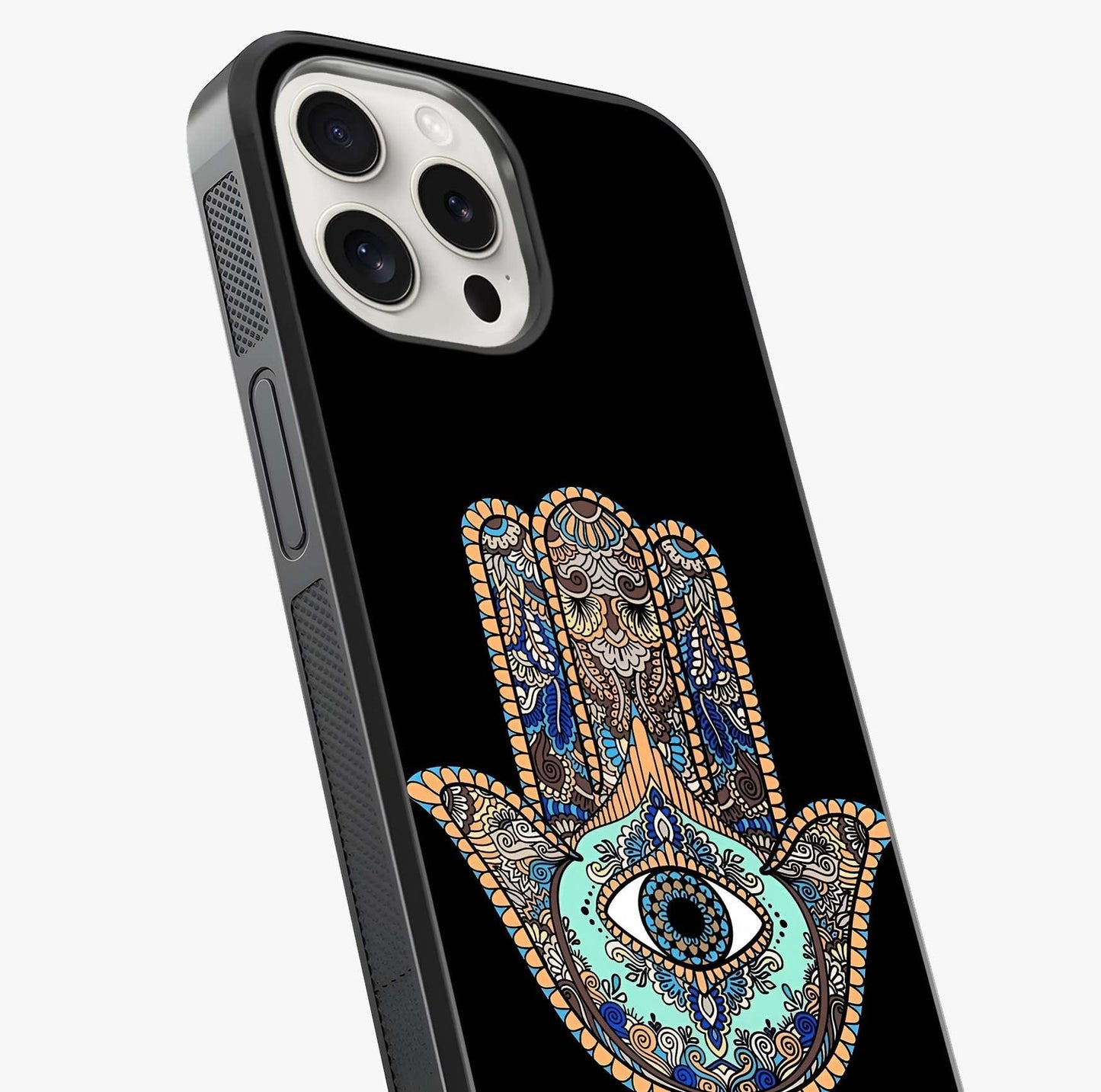 Mystic Hamsa Eye Glass Case captured at a warm angle highlighting gloss, texture and premium glass finish.