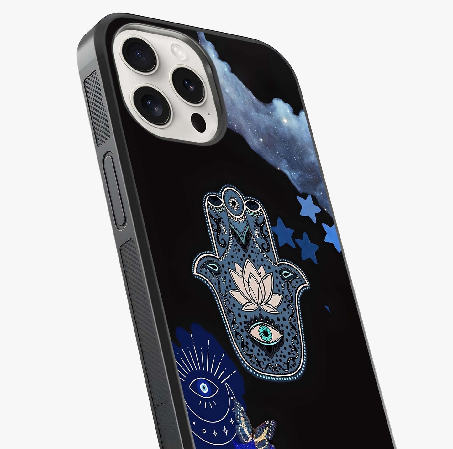 Mystic Hand Aura Glass Case captured at a warm angle highlighting gloss, texture and premium glass finish.
