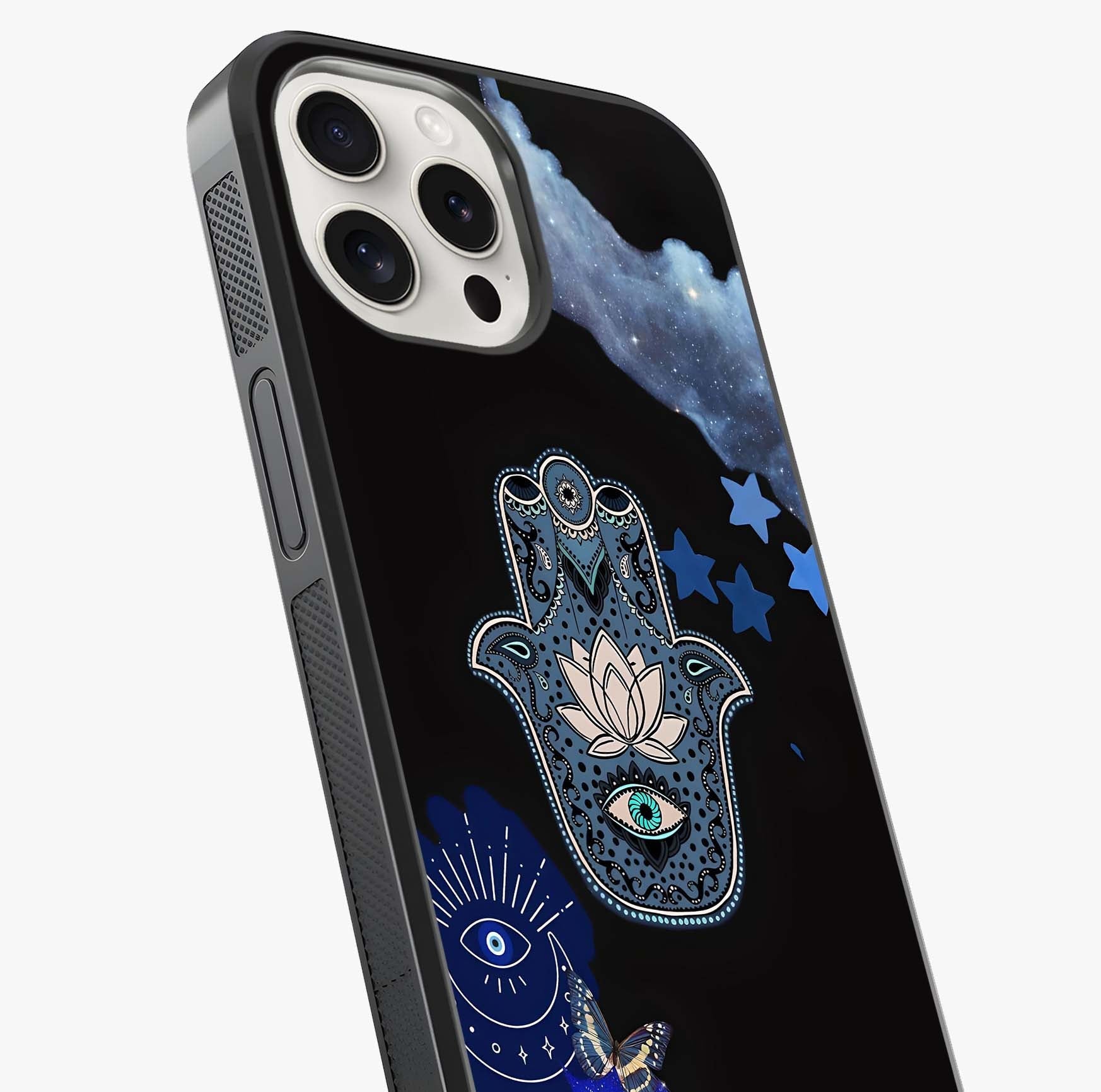 Mystic Hand Aura Glass Case captured at a warm angle highlighting gloss, texture and premium glass finish.