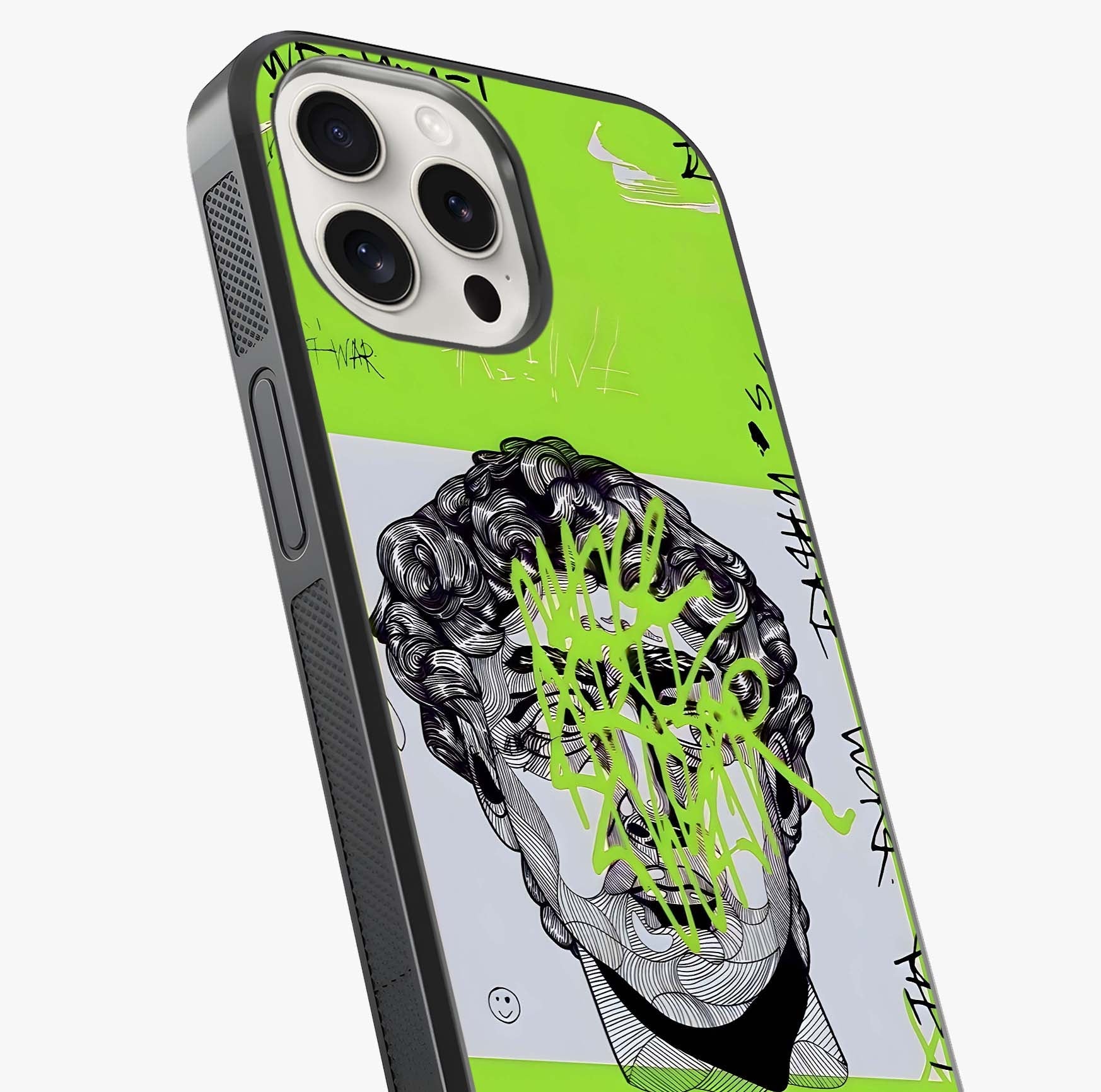 Neo Graffiti Rebellion Glass Case captured at a warm angle highlighting gloss, texture and premium glass finish.