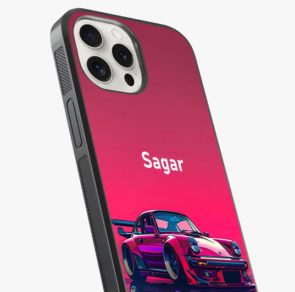 Neon Pink Porsche Glass Case captured at a warm angle highlighting gloss, texture and premium glass finish.