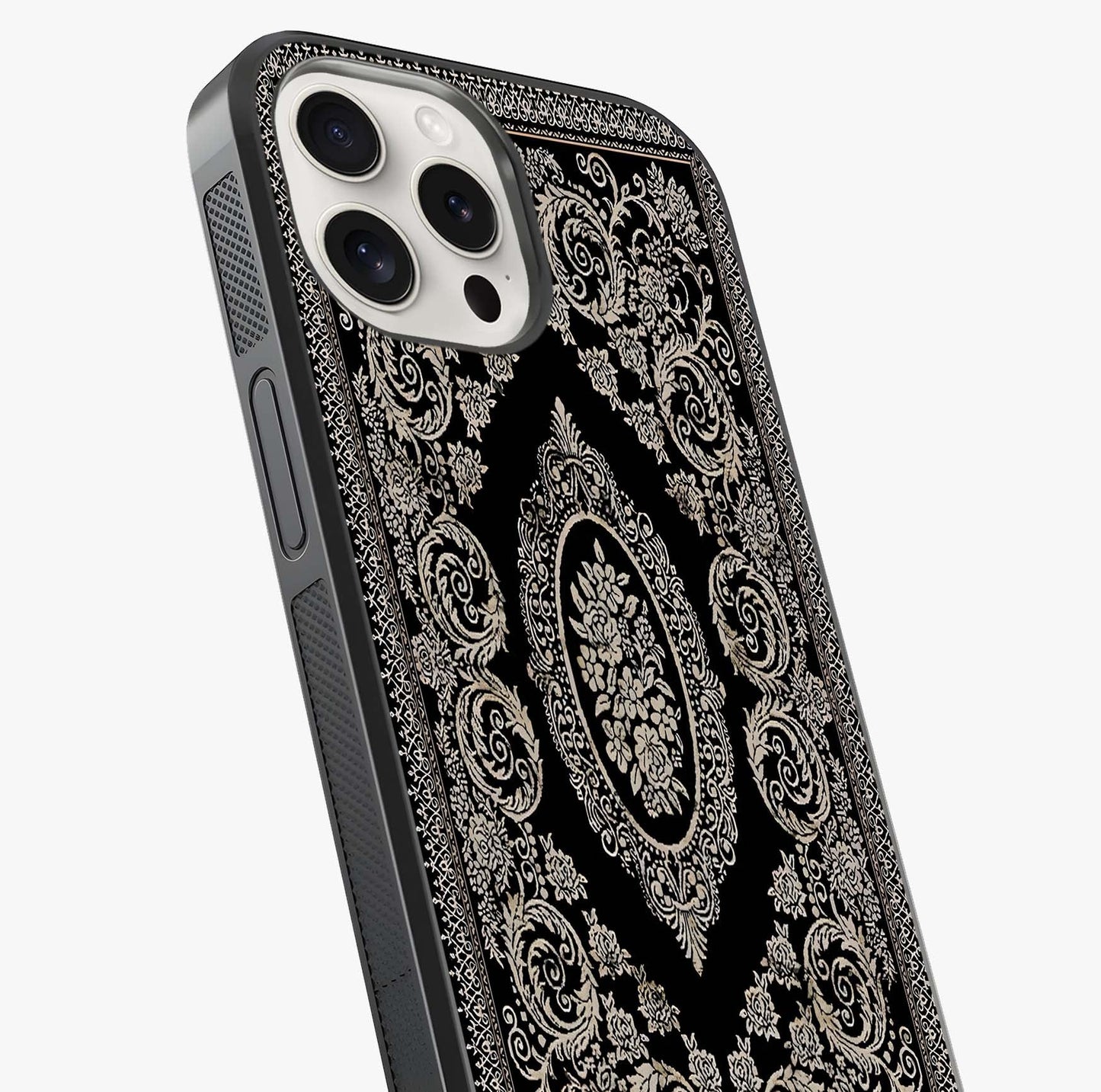 Noir Bloom Elegance Glass Case captured at a warm angle highlighting gloss, texture and premium glass finish.