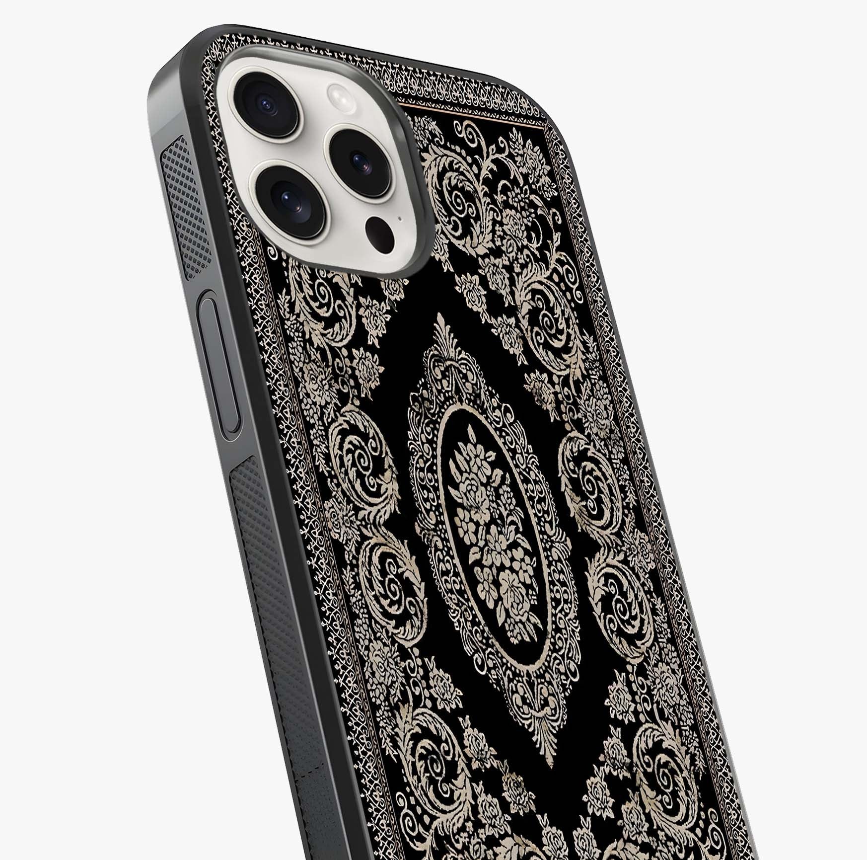 Noir Bloom Elegance Glass Case captured at a warm angle highlighting gloss, texture and premium glass finish.