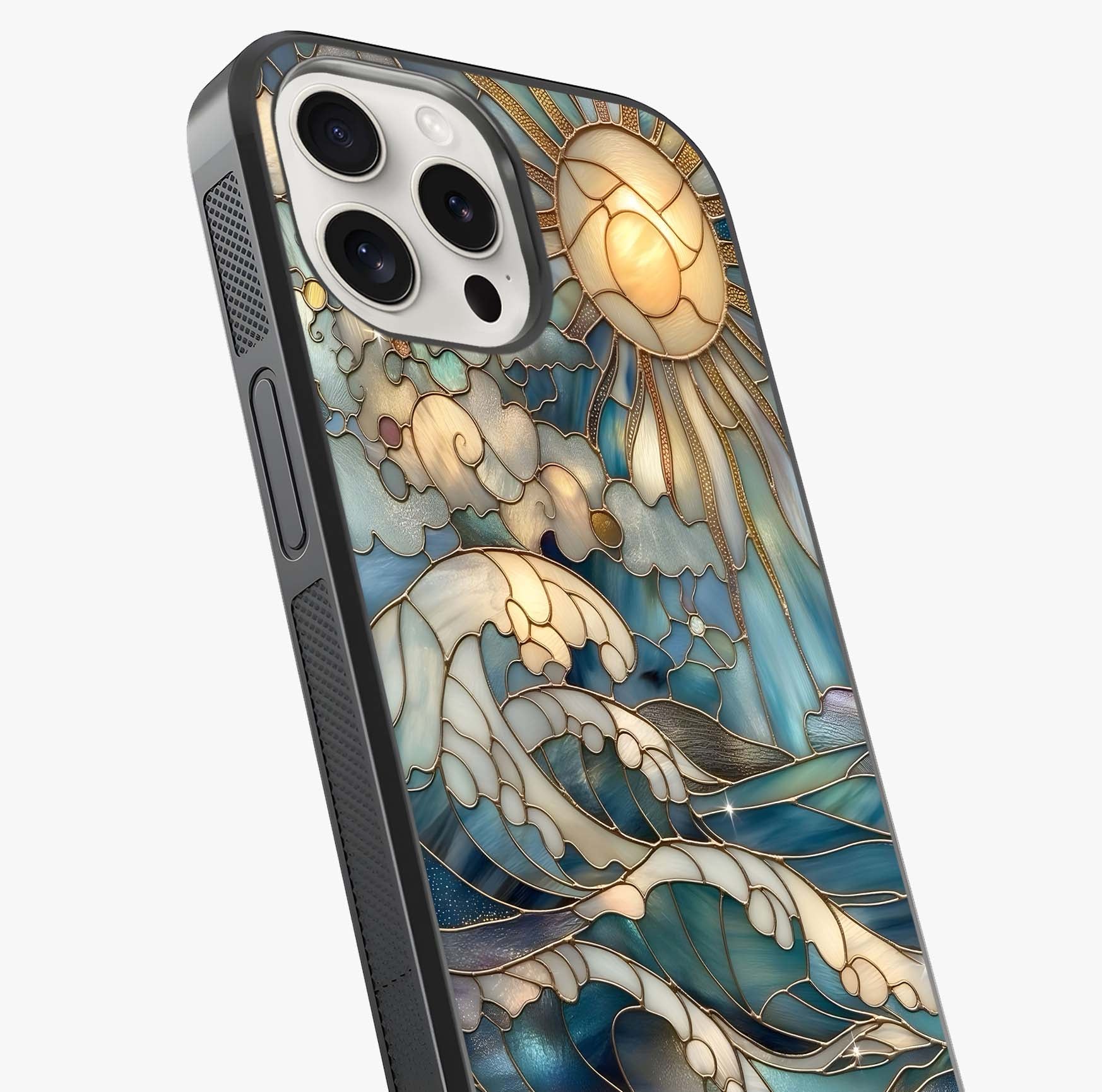 Oceanic Stained Printed Glass Case captured at a warm angle highlighting gloss, texture and premium glass finish.