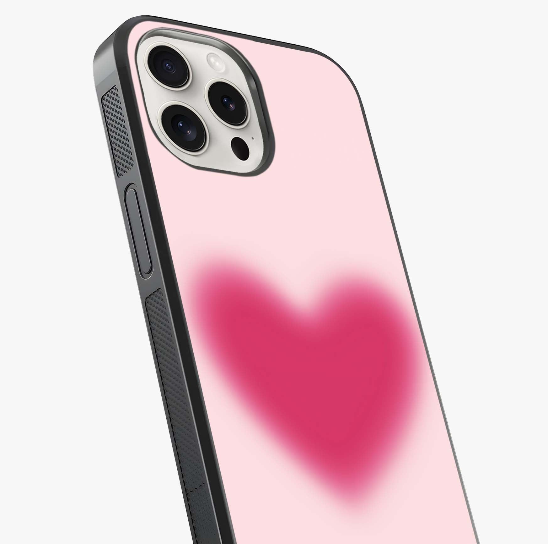 Pink Aura Heart Glass Case captured at a warm angle highlighting gloss, texture and premium glass finish.