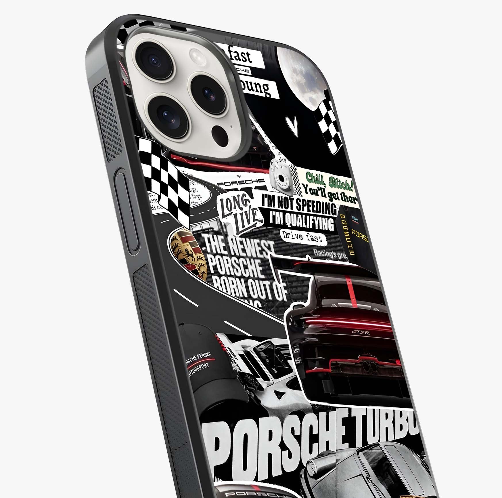 Porsche Racing Collage Glass Case captured at a warm angle highlighting gloss, texture and premium glass finish.