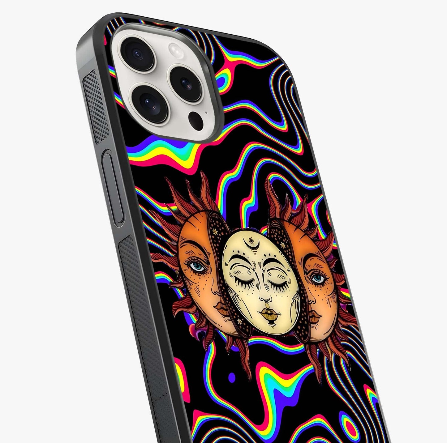 Psychedelic Sun Glass Case captured at a warm angle highlighting gloss, texture and premium glass finish.