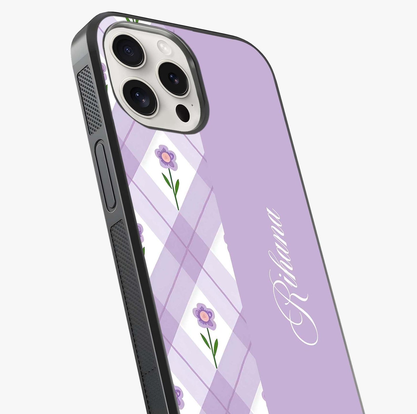 Purple Diamond Floral Glass Case captured at a warm angle highlighting gloss, texture and premium glass finish.