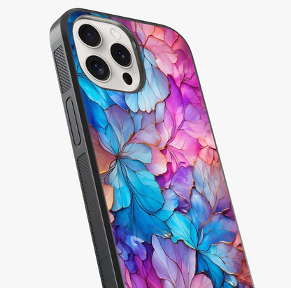 Radiant Floral Whirl Glass Case captured at a warm angle highlighting gloss, texture and premium glass finish.