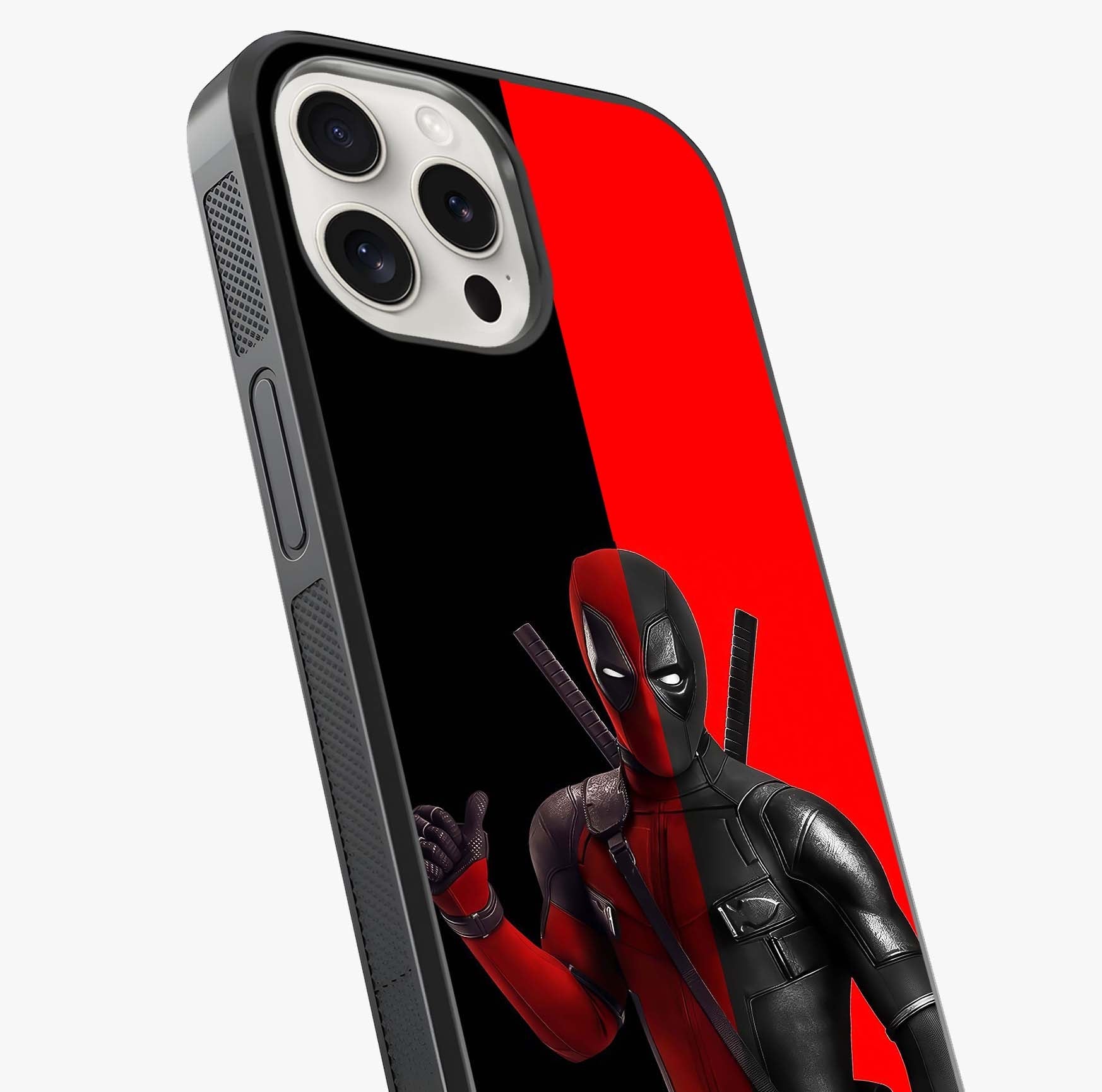 Red & Black Deadpool Theme Glass Case captured at a warm angle highlighting gloss, texture and premium glass finish.