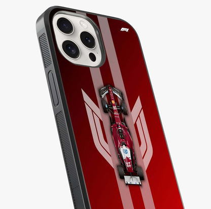 Red Ferrari F1 Vertical Glass Case captured at a warm angle highlighting gloss, texture and premium glass finish.