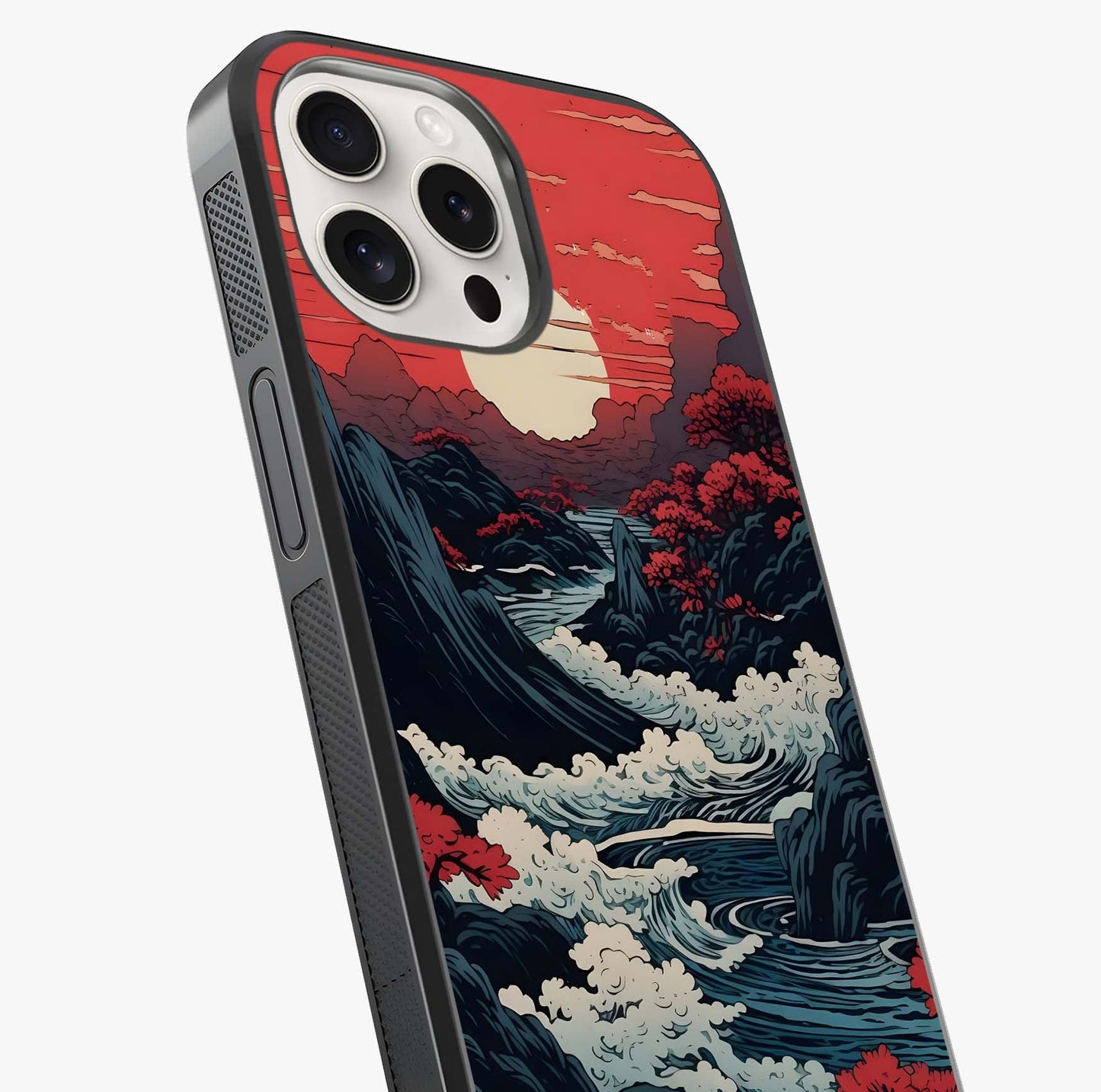 Red Sunset Scenery Glass Case captured at a warm angle highlighting gloss, texture and premium glass finish.