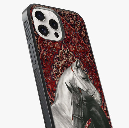 Regal Stallion Tapestry Glass Case captured at a warm angle highlighting gloss, texture and premium glass finish.