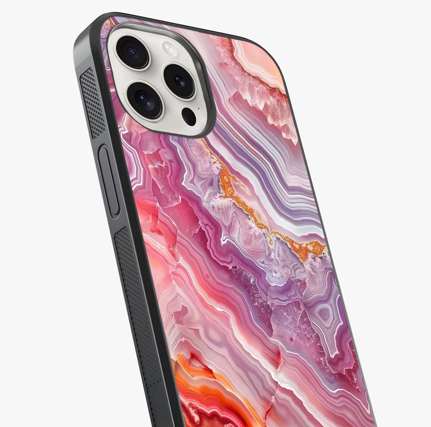 Rose Quartz Marble Glass Case captured at a warm angle highlighting gloss, texture and premium glass finish.