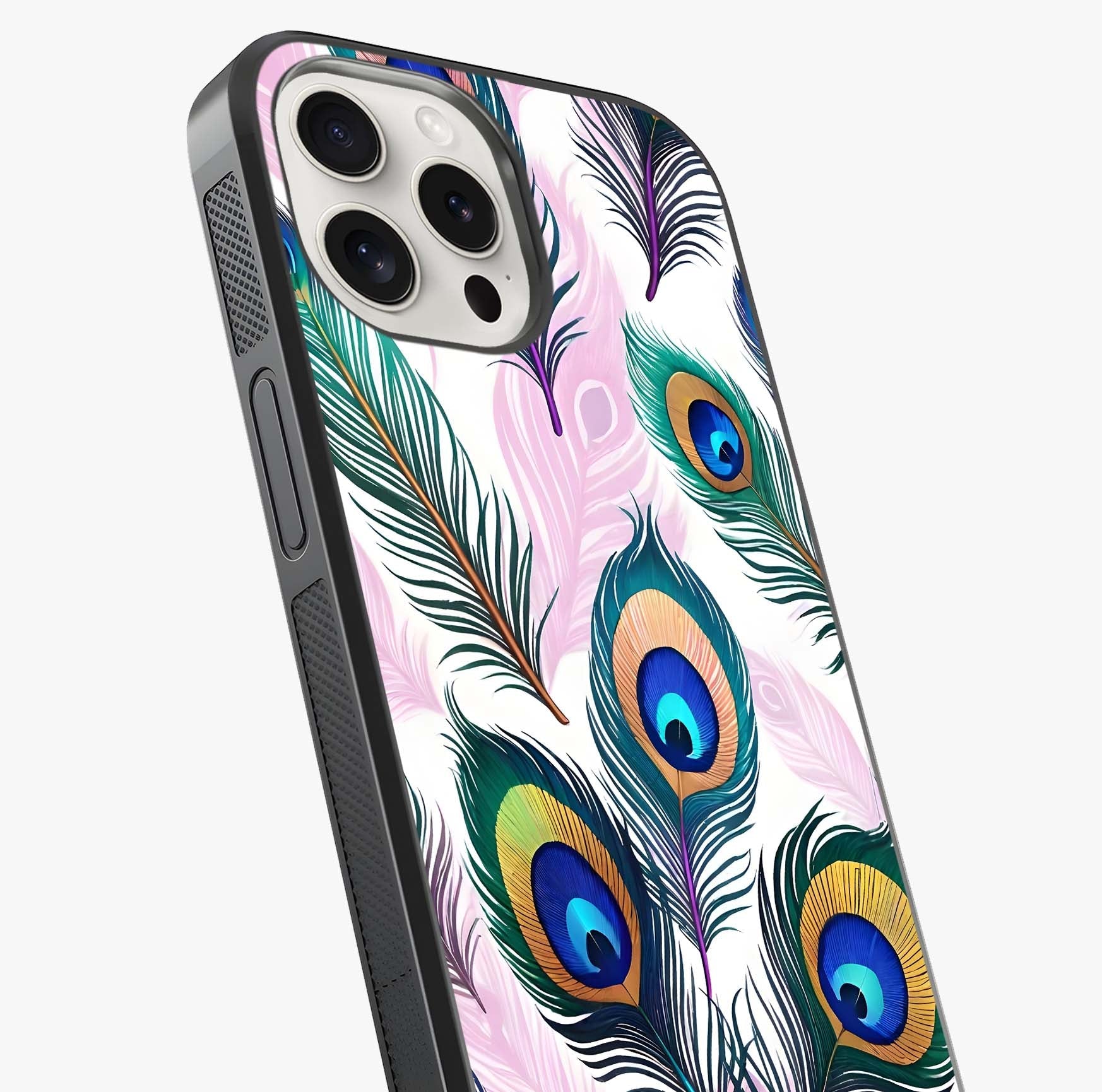 Royal Peacock Feathers Glass Case captured at a warm angle highlighting gloss, texture and premium glass finish.