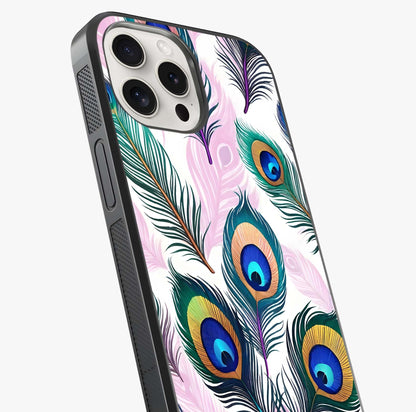 Royal Peacock Feathers Glass Case captured at a warm angle highlighting gloss, texture and premium glass finish.