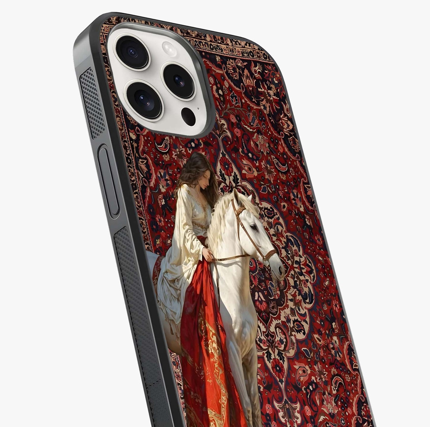 Royal Rider Tapestry Glass Case captured at a warm angle highlighting gloss, texture and premium glass finish.