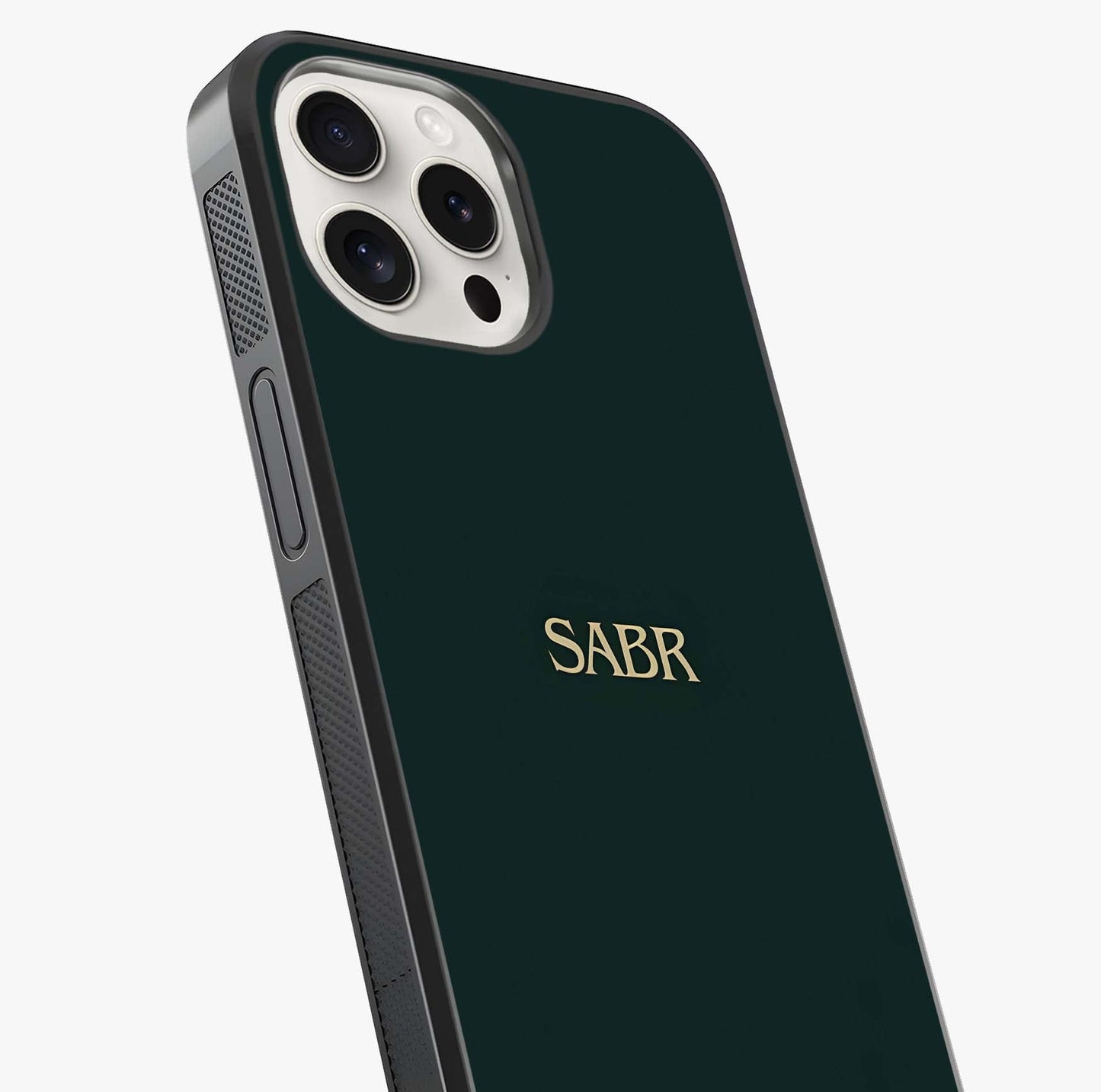 Sabr Minimal Patience Glass Case captured at a warm angle highlighting gloss, texture and premium glass finish.