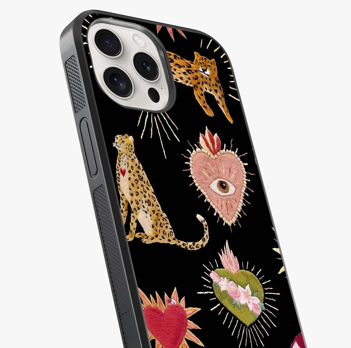 Sacred Jungle Heart Glass Case captured at a warm angle highlighting gloss, texture and premium glass finish.