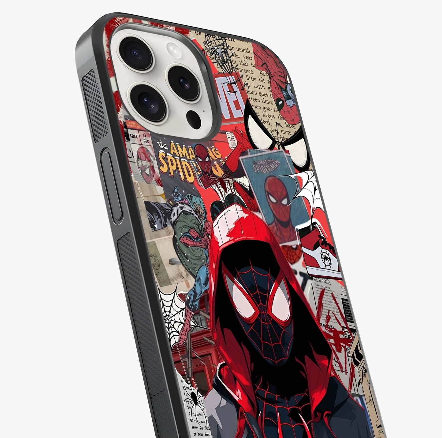 Spider Collage Street Glass Case captured at a warm angle highlighting gloss, texture and premium glass finish.