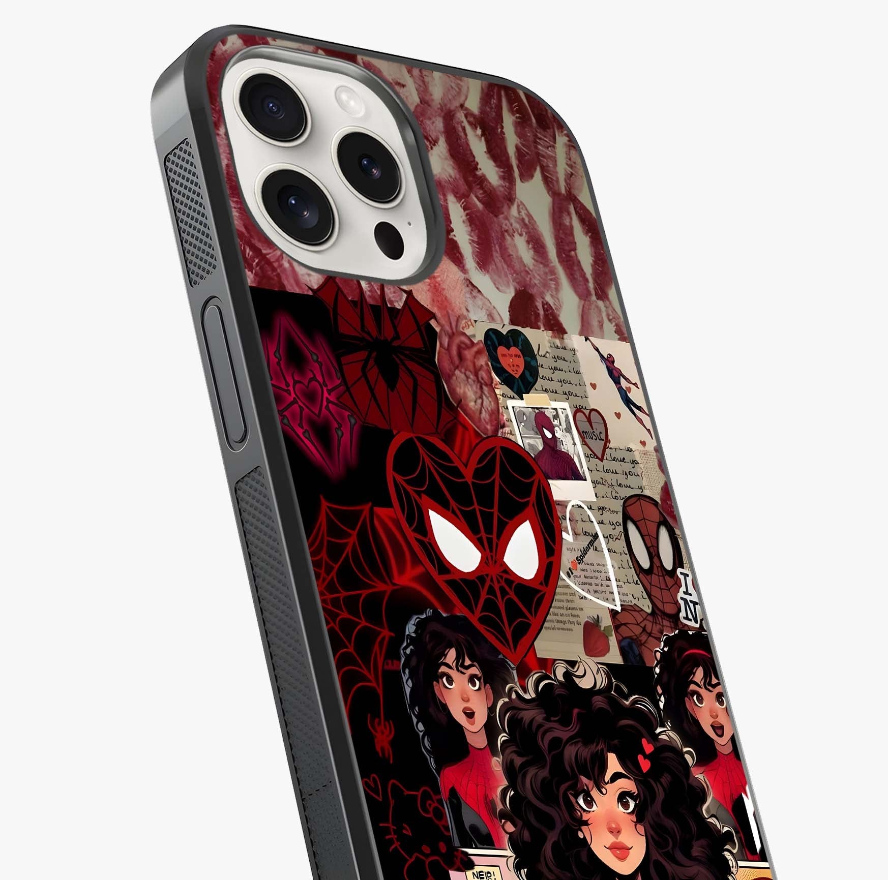 Spider Love Story Glass Case captured at a warm angle highlighting gloss, texture and premium glass finish.