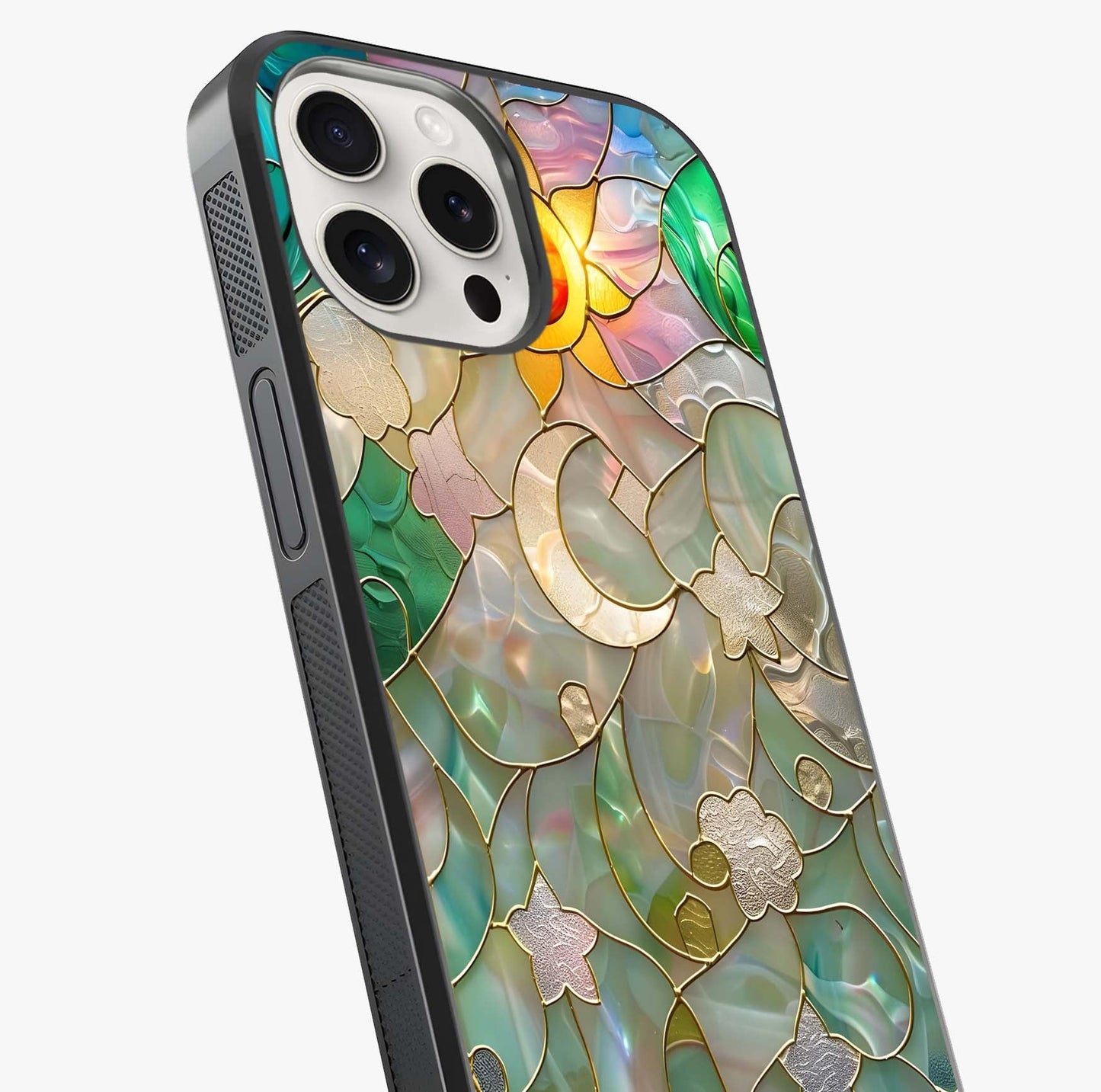 Stained Sunrise Glow Glass Case captured at a warm angle highlighting gloss, texture and premium glass finish.