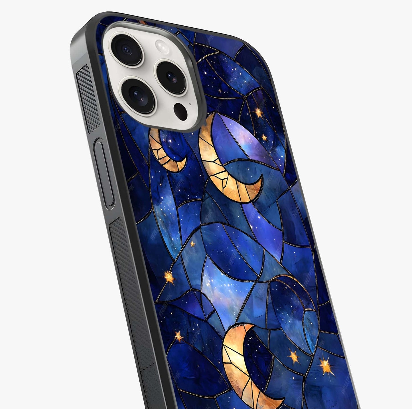 Starlit Sky Tapestry Glass Case captured at a warm angle highlighting gloss, texture and premium glass finish.