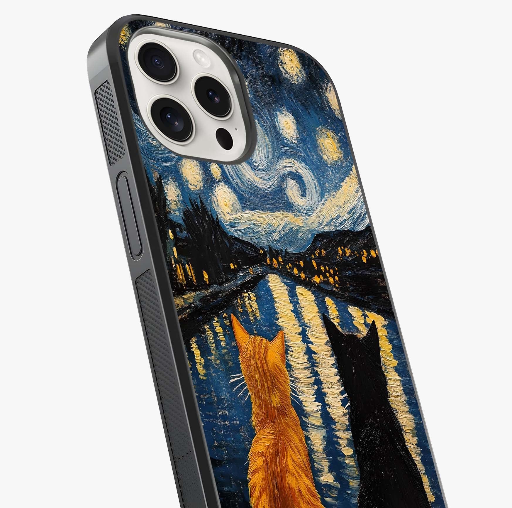 Starry River Cats Glass Case captured at a warm angle highlighting gloss, texture and premium glass finish.