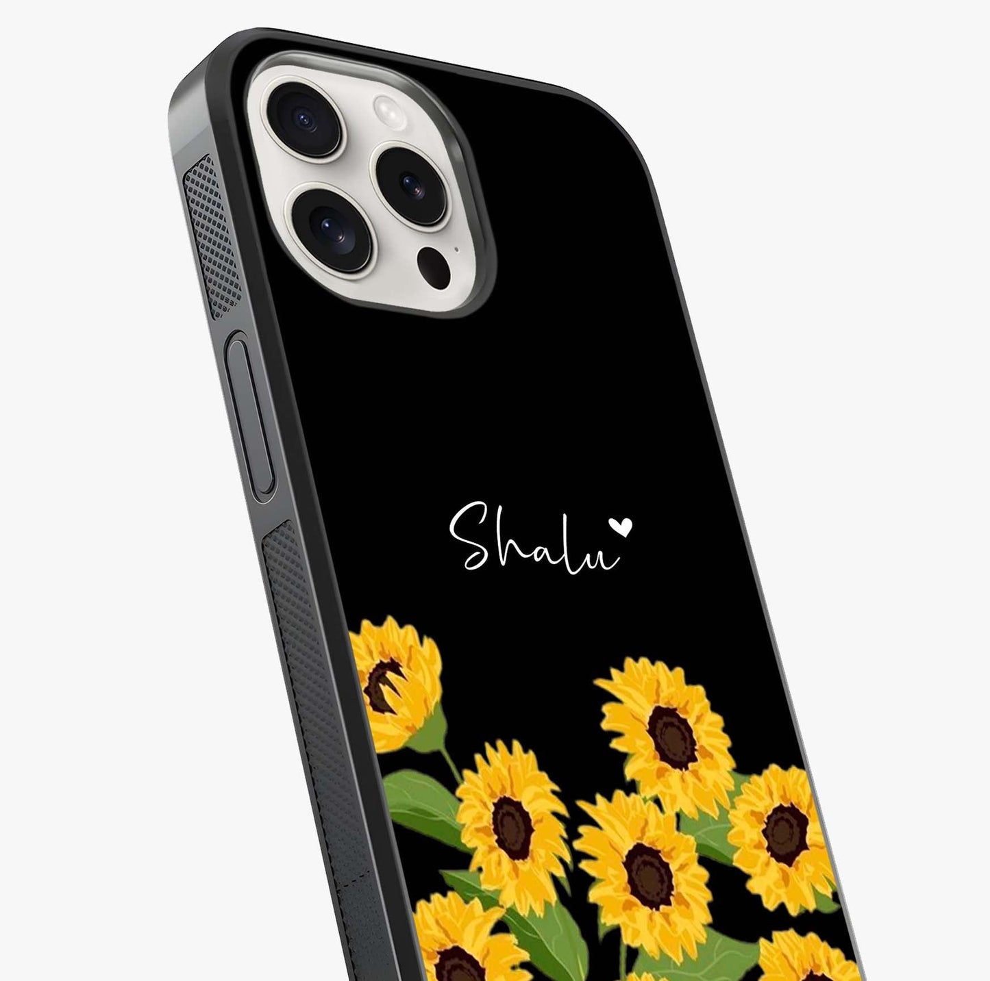 Sunflower Chic Mood Custom Name Glass Case captured at a warm angle highlighting gloss, texture and premium glass finish.
