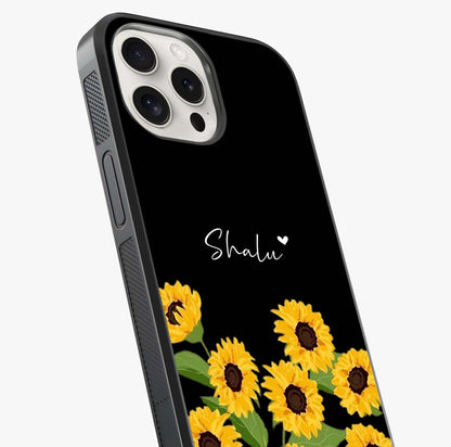 Sunflower Chic Mood Custom Name Glass Case captured at a warm angle highlighting gloss, texture and premium glass finish.