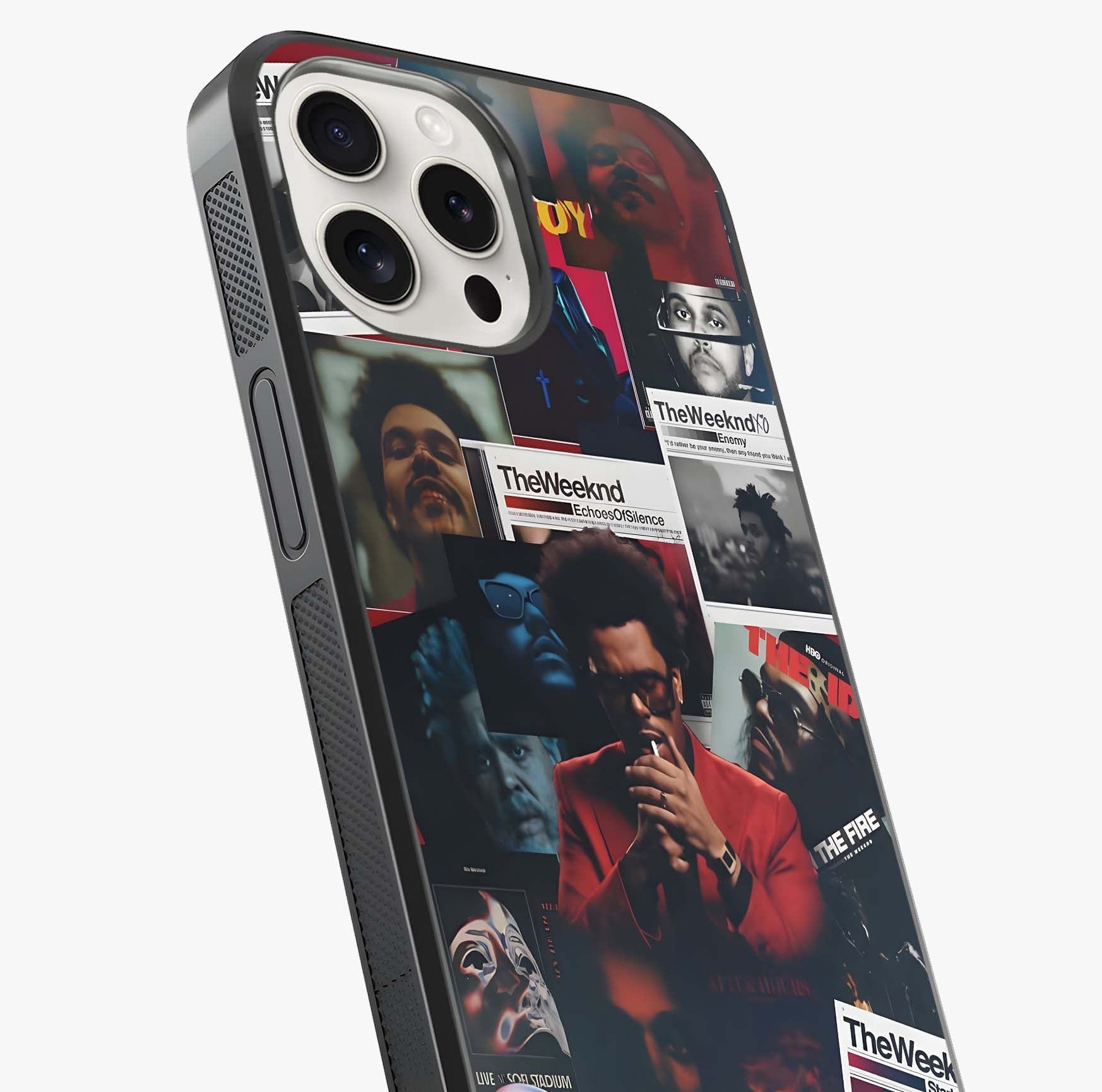 The Weeknd Glass Case captured at a warm angle highlighting gloss, texture and premium glass finish.