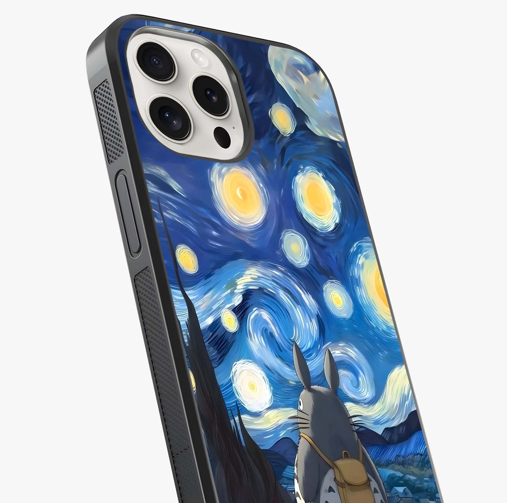 Totoro In Van Gogh Art Glass Case captured at a warm angle highlighting gloss, texture and premium glass finish.