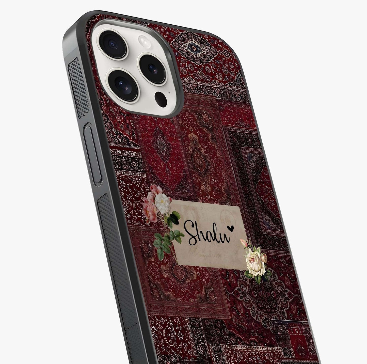 Velvet Wine Pattern Custom Name Glass Case captured at a warm angle highlighting gloss, texture and premium glass finish.