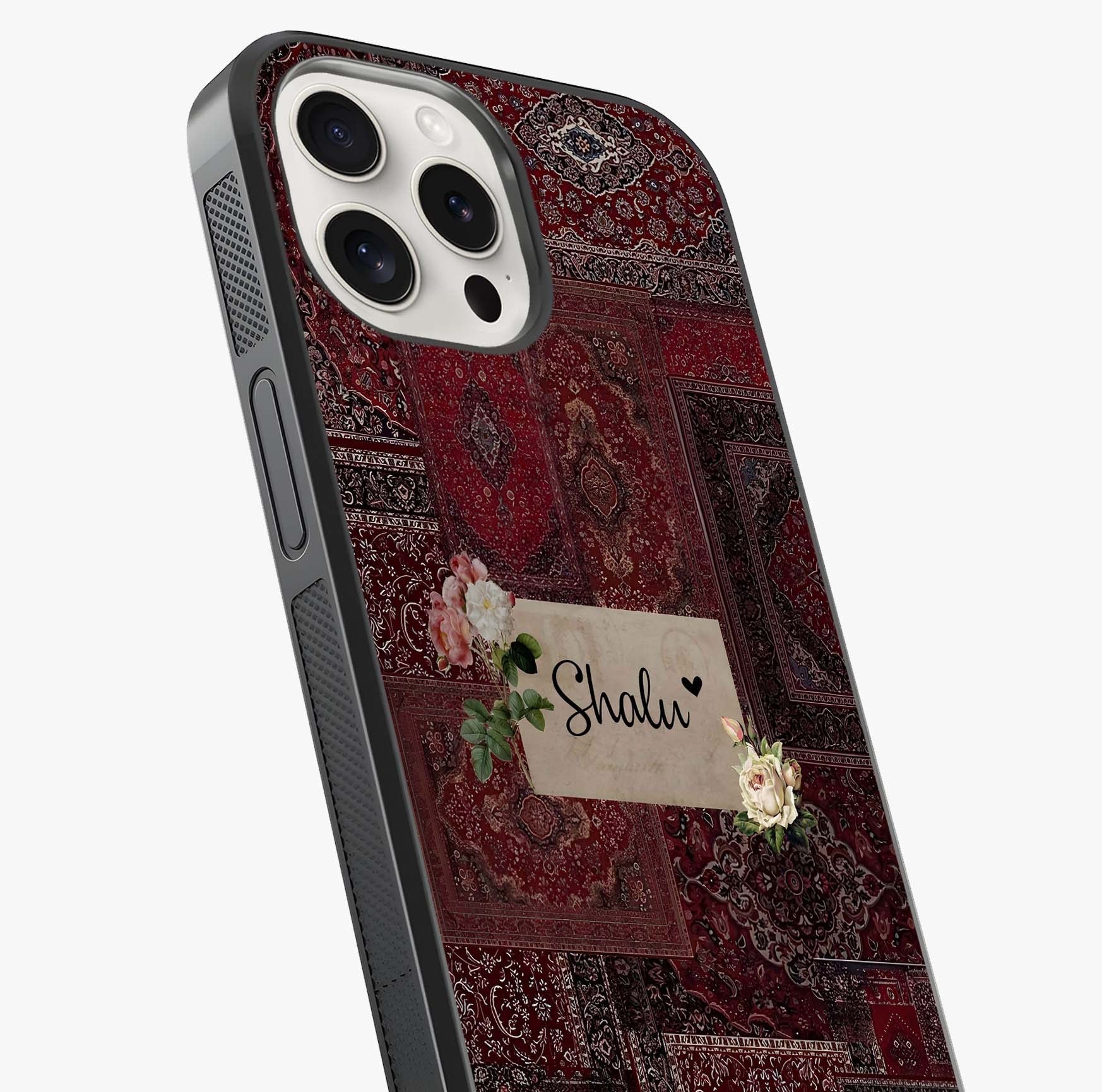 Velvet Wine Pattern Custom Name Glass Case captured at a warm angle highlighting gloss, texture and premium glass finish.