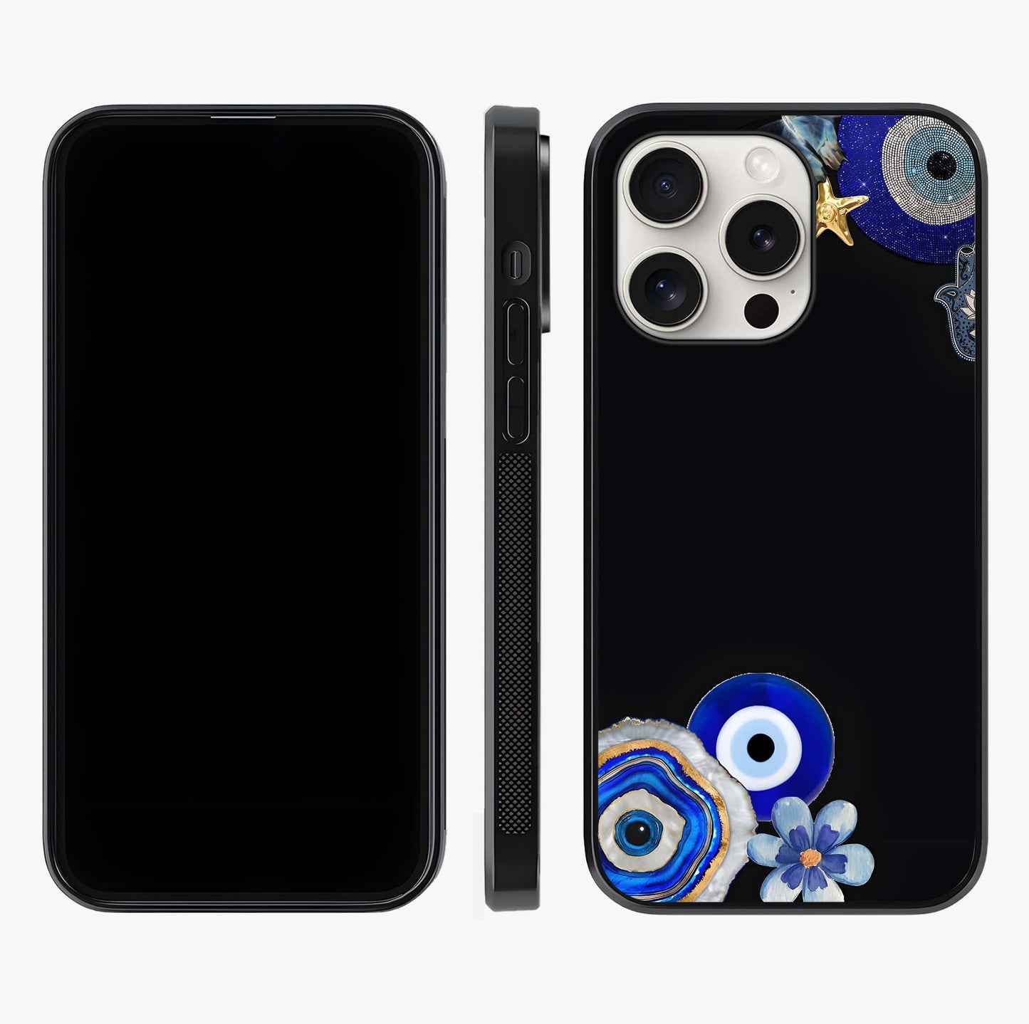 Aesthetic Blue Evil Eye Glass Case displayed upright for full design visibility and premium finish.