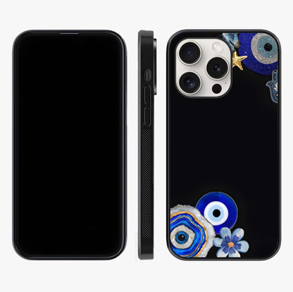 Aesthetic Blue Evil Eye Glass Case displayed upright for full design visibility and premium finish.
