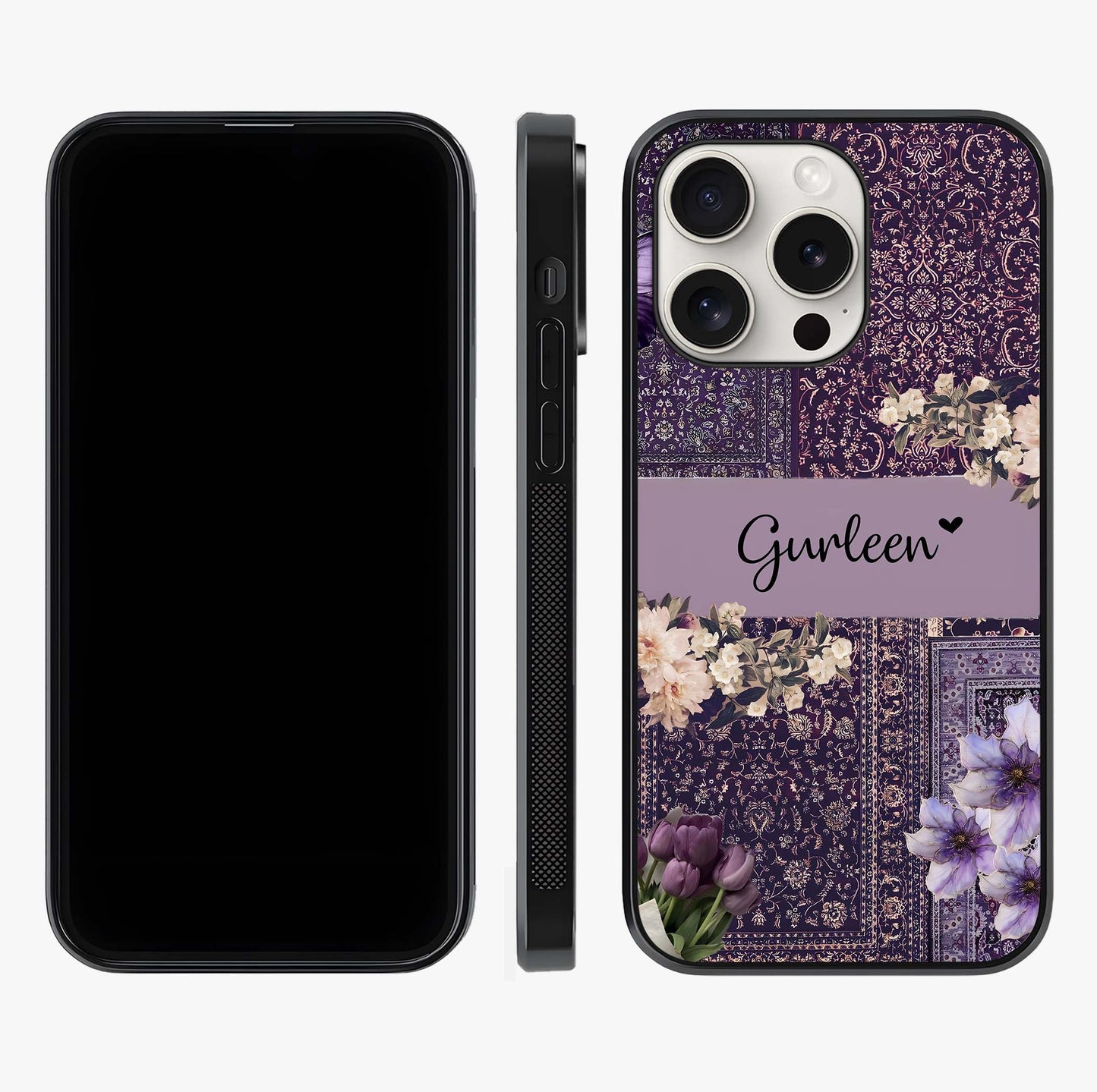 Antique Floral Whisper Custom Name Glass Case displayed upright for full design visibility and premium finish.
