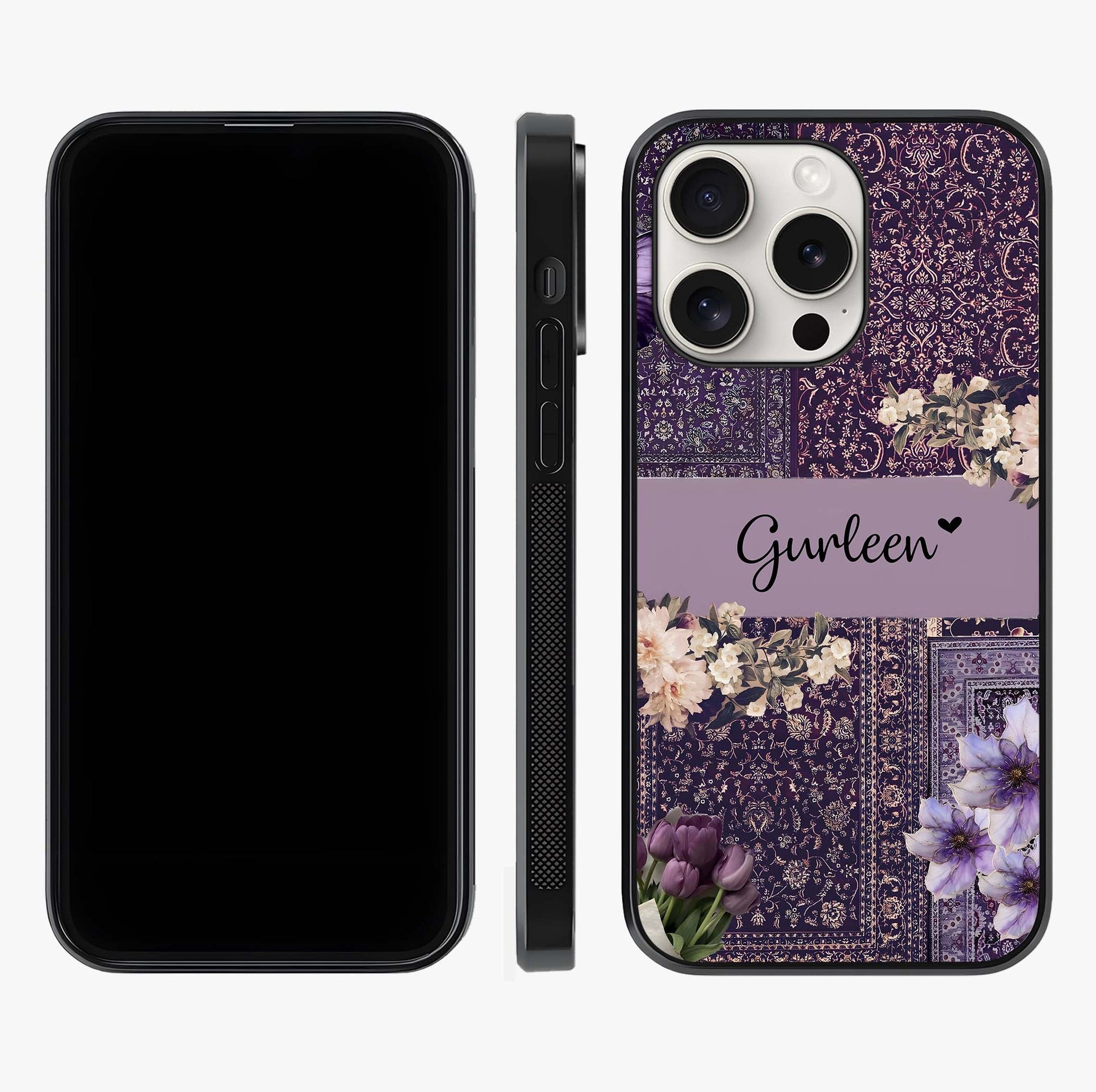 Antique Floral Whisper Custom Name Glass Case displayed upright for full design visibility and premium finish.
