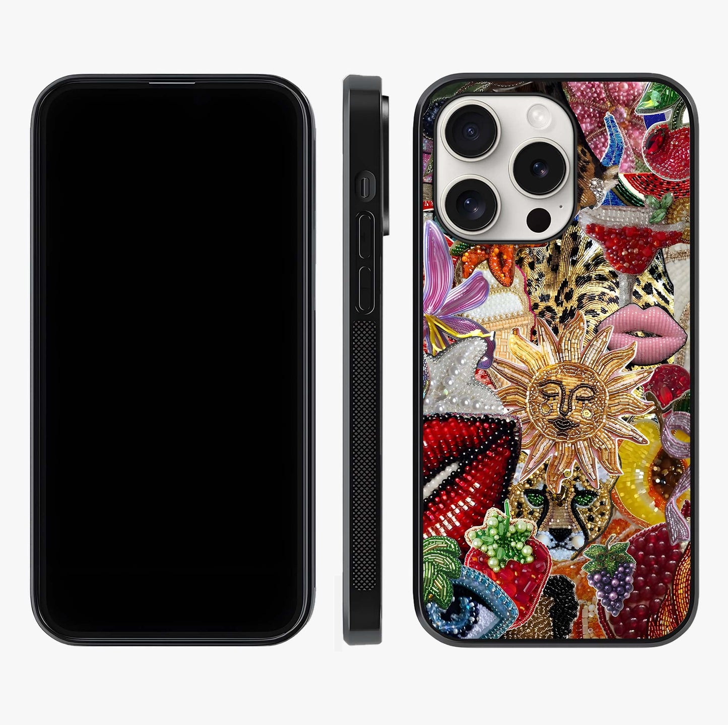 Beaded Fashion Jungle Glass Case displayed upright for full design visibility and premium finish.