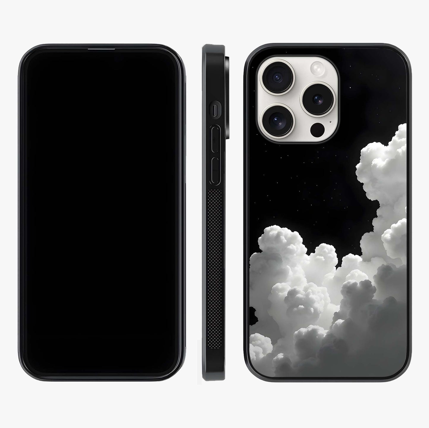 Black Background With White Cloud Glass Case displayed upright for full design visibility and premium finish.