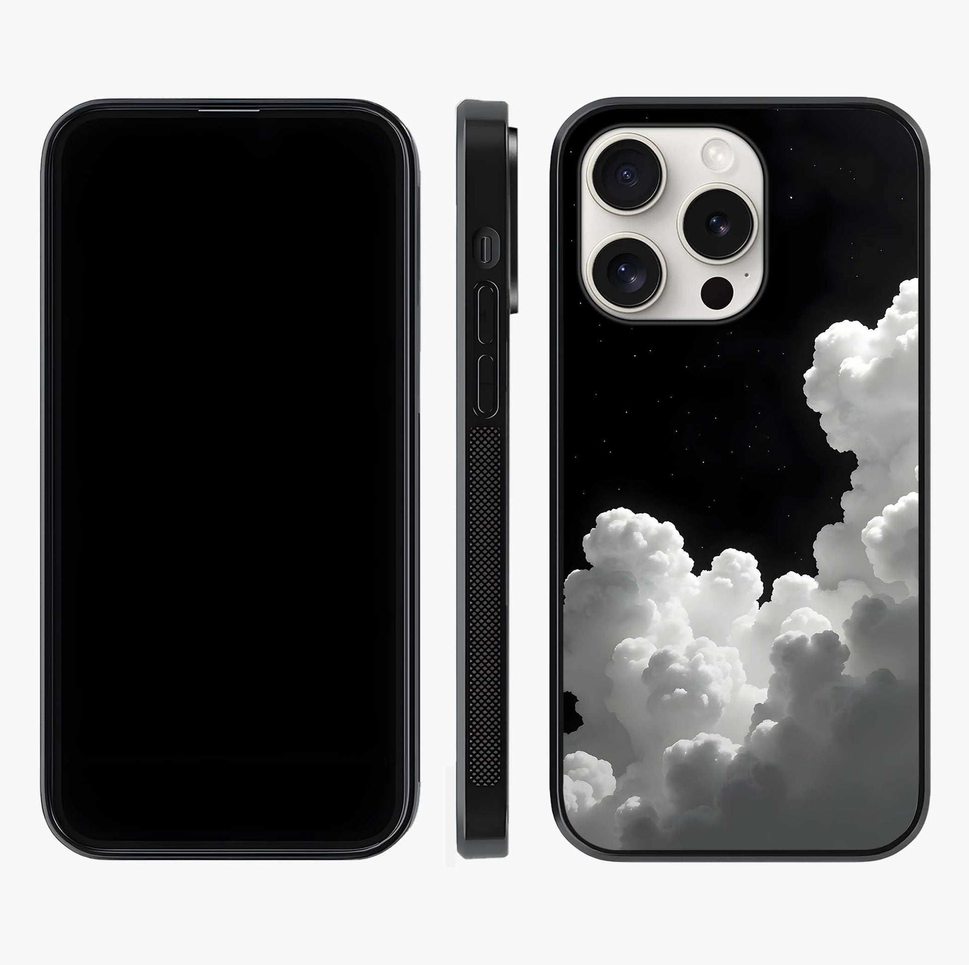 Black Background With White Cloud Glass Case displayed upright for full design visibility and premium finish.