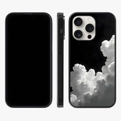 Black Background With White Cloud Glass Case displayed upright for full design visibility and premium finish.