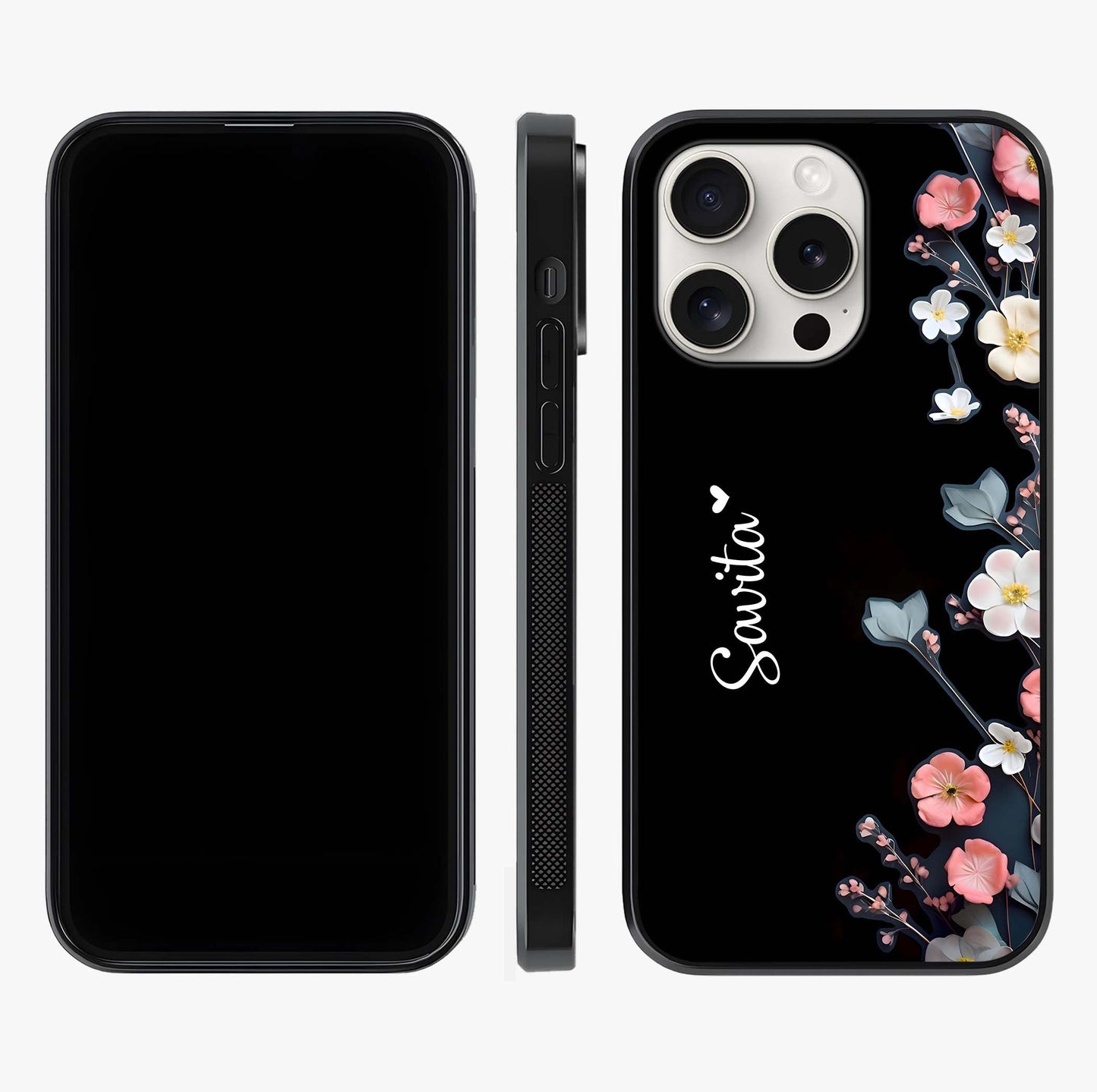 Black Elegance Floral Custom Name Glass Case displayed upright for full design visibility and premium finish.